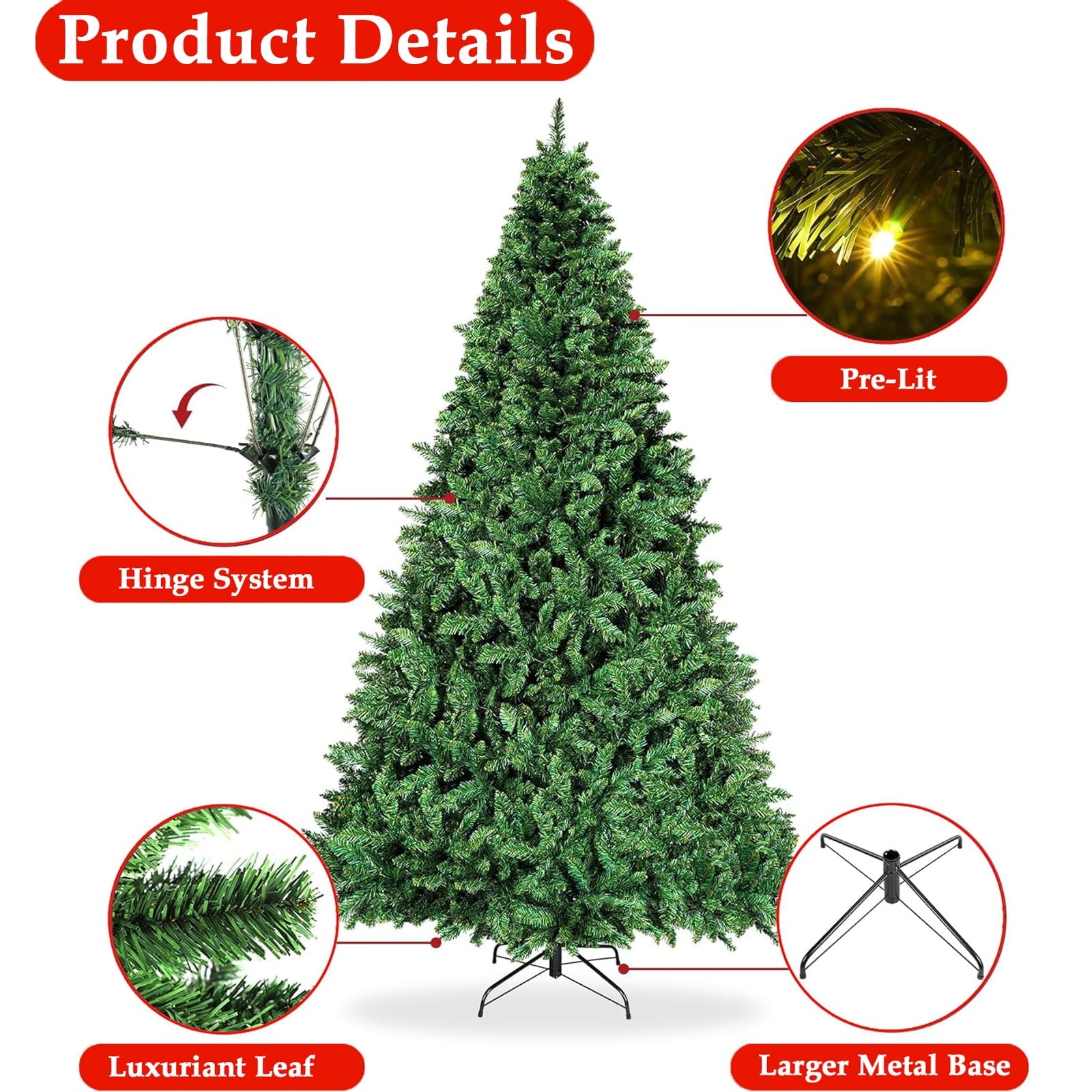 SUGIFT 7.5ft Pre-Lit Premium Hinged Artificial Holiday Christmas Pine Tree for Home, Office, Party Decoration w/ 1,346 Branch Tips, 400 Lights, Metal Hinges and Foldable Base