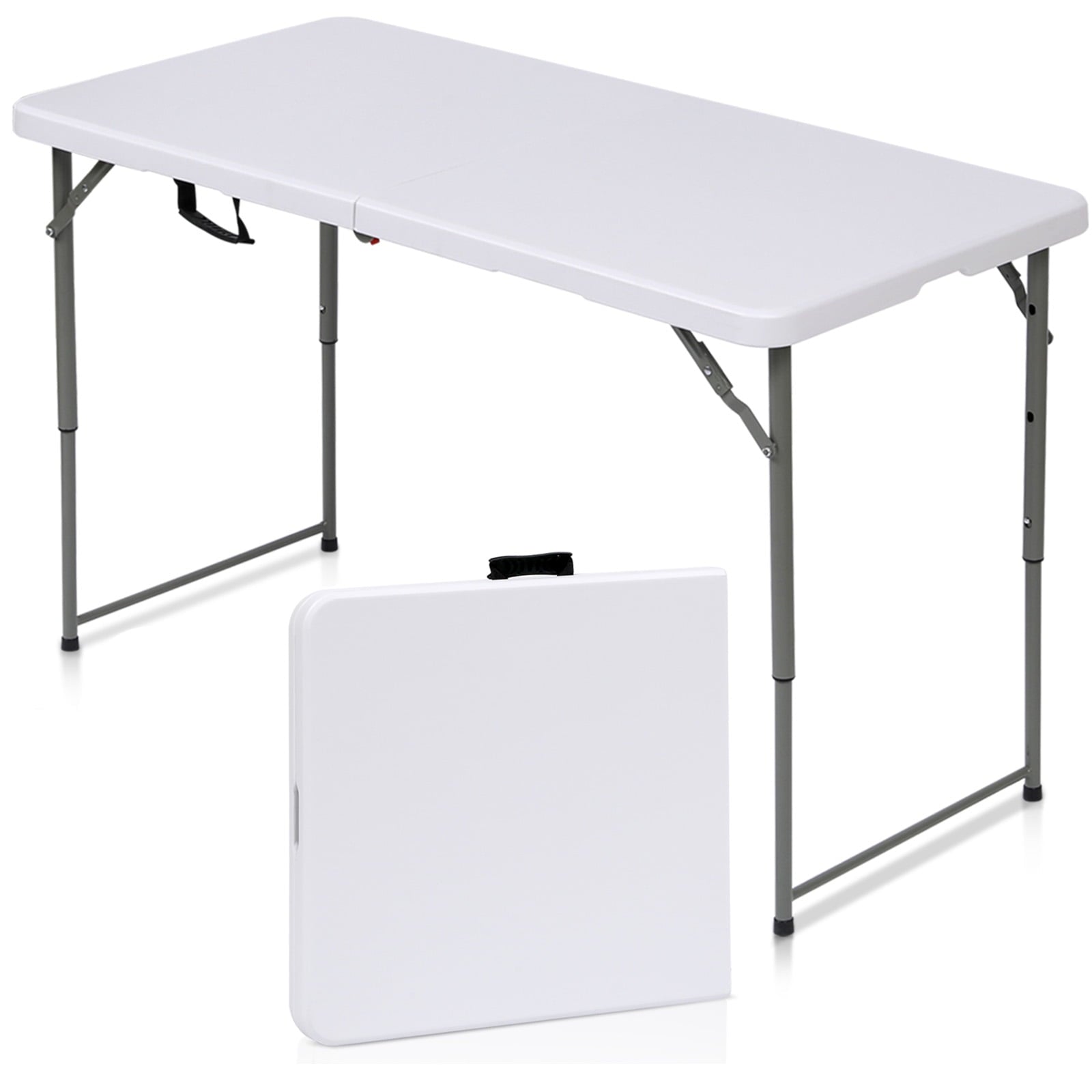 ALPULON Folding Table 4 Foot Height Adjustable Fold-in-Half Table with Carrying Handle, White