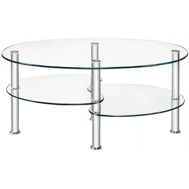 ALPULON Tempered Glass Coffee Table Oval 3-Tier Steel Tea Table for Home Living Room Office