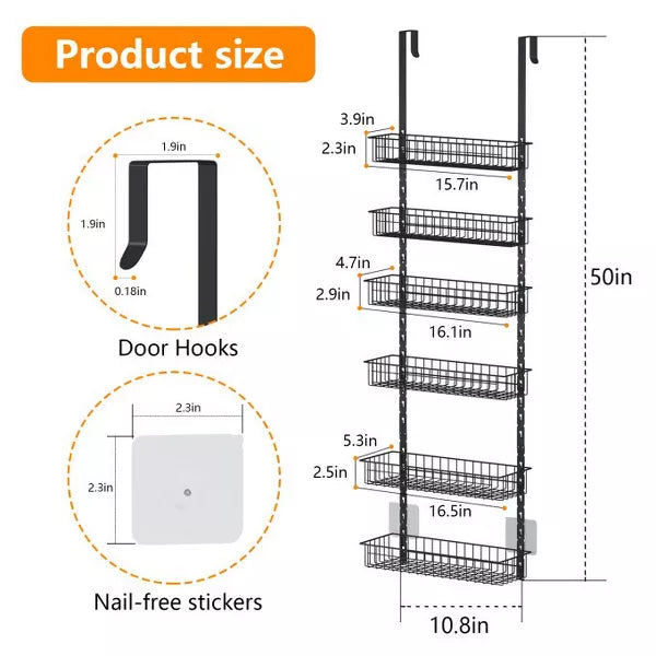 SUGIFT Over the Door Pantry Organizer with 6 Tier Adjustable Shelves, Black