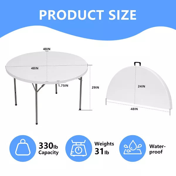 SUGIFT 48in Round Bi-Folding Commercial Table, 4 Feet Portable Plastic Dining Card Table for Kitchen or Outdoor Party Wedding Event, White