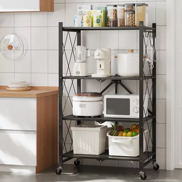 SUGIFT 4-Tier Storage Shelf Foldable Metal Shelving Units with Wheels, Black