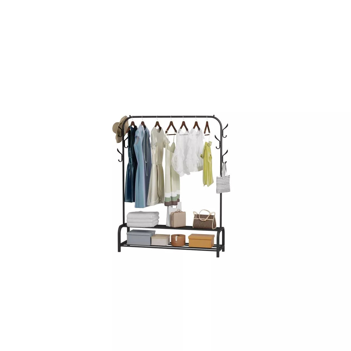 SUGIFT Garment Rack with Storage Shelves and Coat/Hat Hanging Hooks