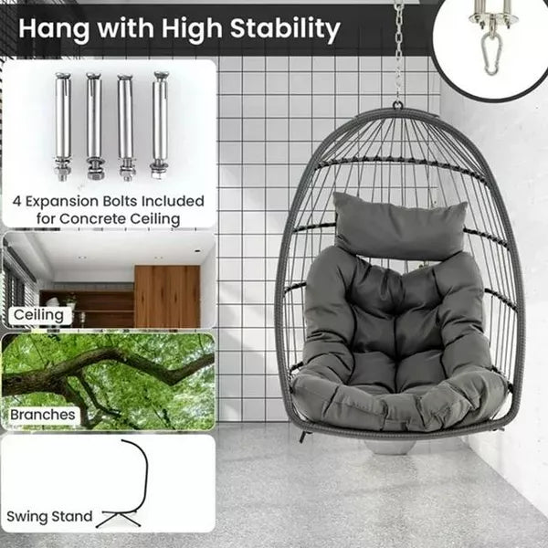 SUGIFT Hanging Egg Chair Wicker Swing Hammock Chair, Gray