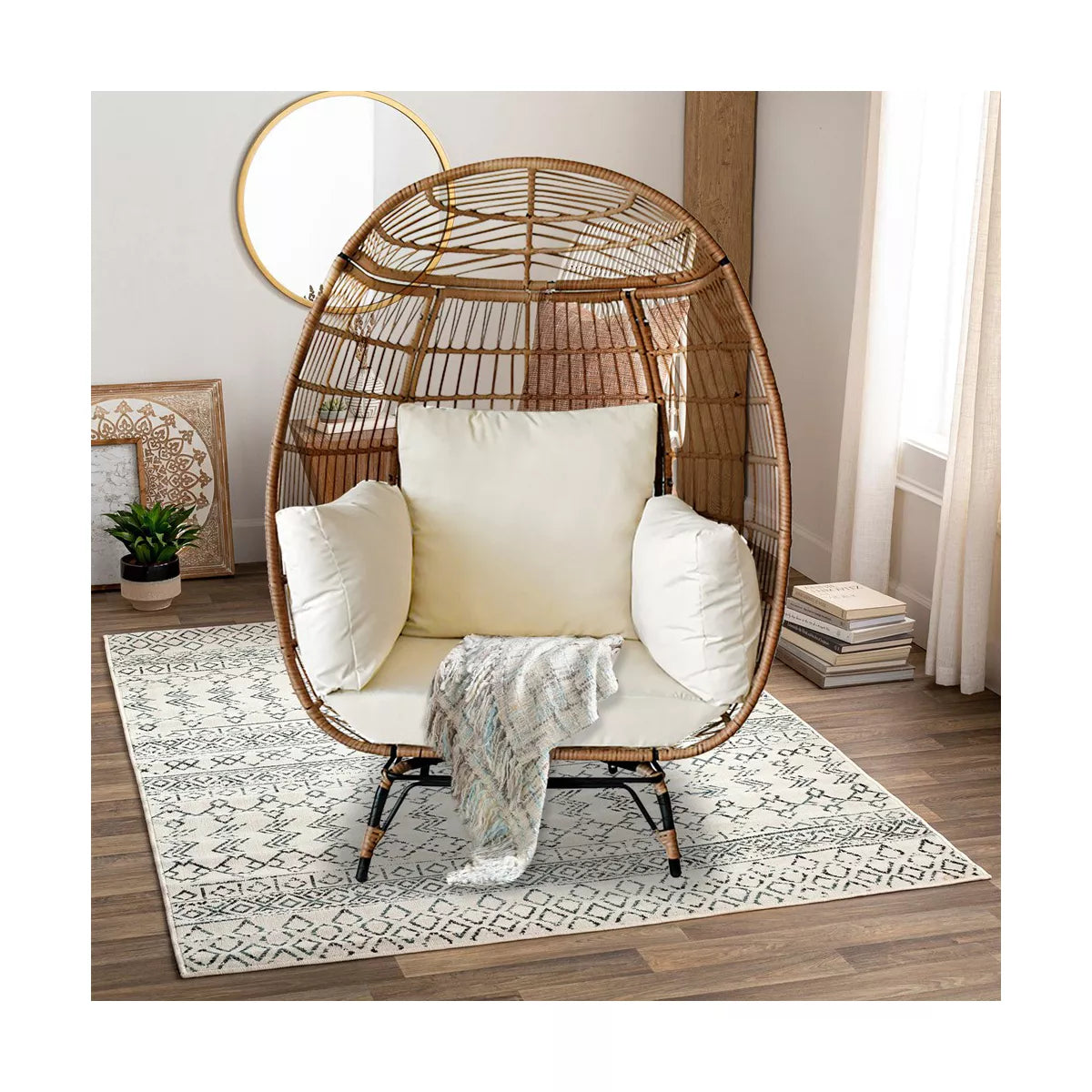 SUGIFT Wicker Egg Chair Outdoor Indoor Oversized Lounger with Stand and Cushions, 440lb Capacity , Beige