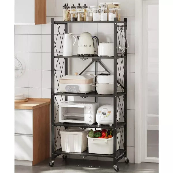 SUGIFT 5-Tier Storage Shelf Foldable Metal Shelving Units with Wheels, Black