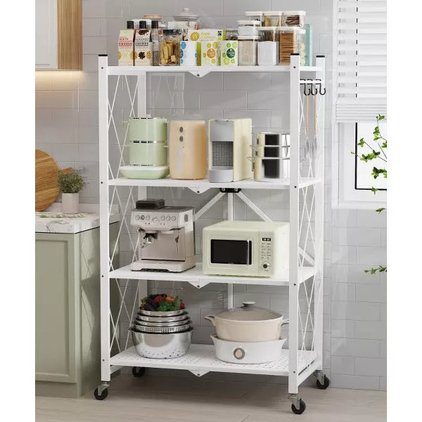 SUGIFT 4-Tier Foldable Storage Shelf, Heavy Duty Metal Shelf, Kitchen Shelf with 3 Hooks, White