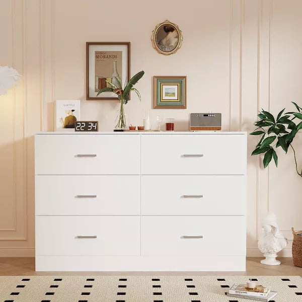 SUGIFT 6 Drawer Dresser, Modern Wood Chest of Drawers with Metal Handles for Bedroom Living Room Hallway Entryway, White