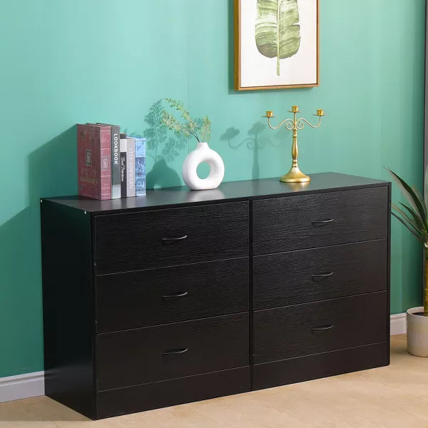 SUGIFT 6 Drawer Dresser, Modern Wood Chest of Drawers for Bedroom, Black