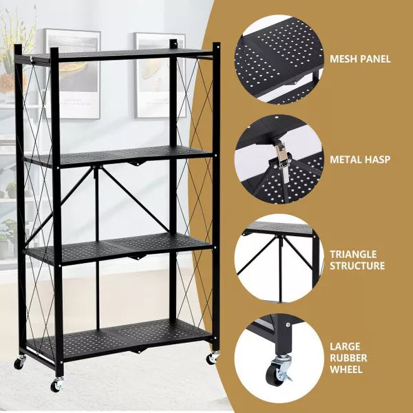 SUGIFT 4-Tier Storage Shelf Foldable Metal Shelving Units with Wheels, Black