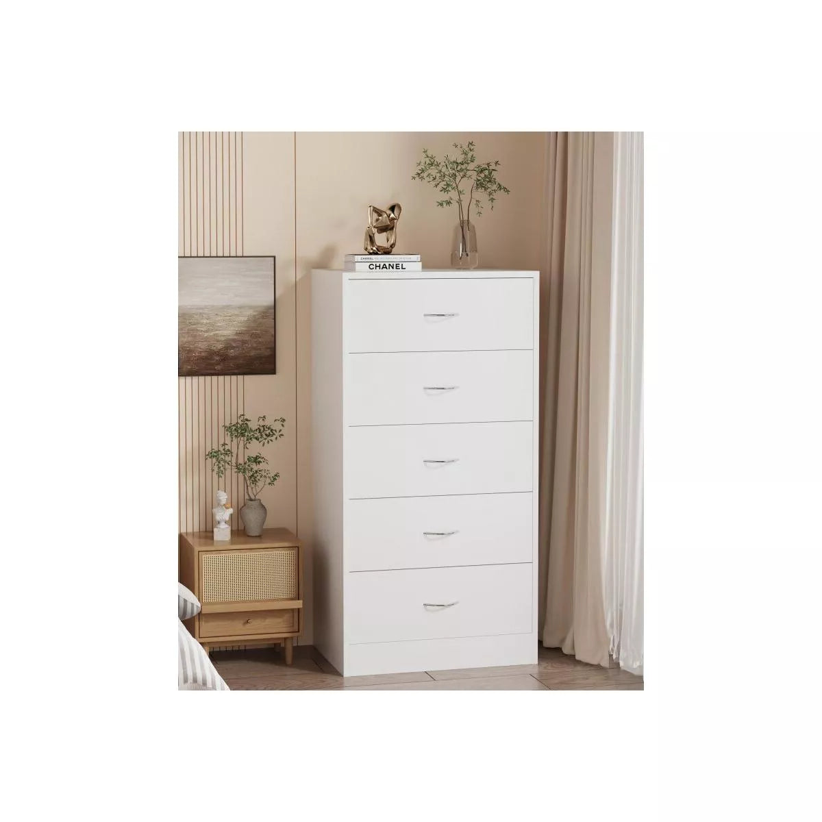 SUGIFT 5 Drawer Dresser, Modern Wood Chest of Drawers for Bedroom, White