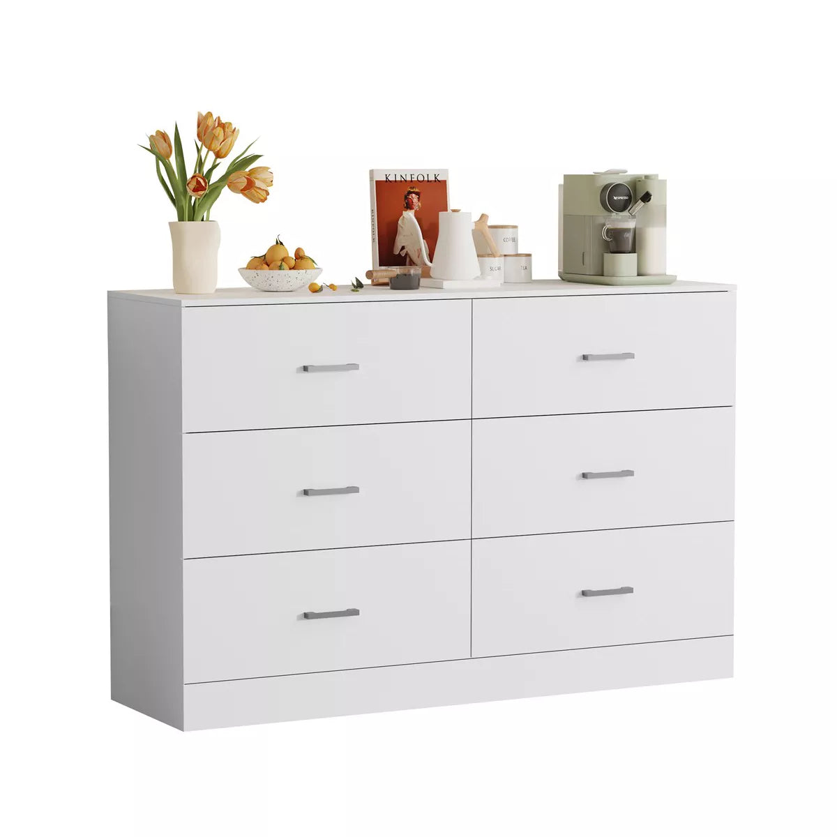 SUGIFT 6 Drawer Dresser, Modern Wood Chest of Drawers with Metal Handles for Bedroom Living Room Hallway Entryway, White