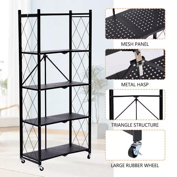 SUGIFT 5-Tier Storage Shelf Foldable Metal Shelving Units with Wheels, Black