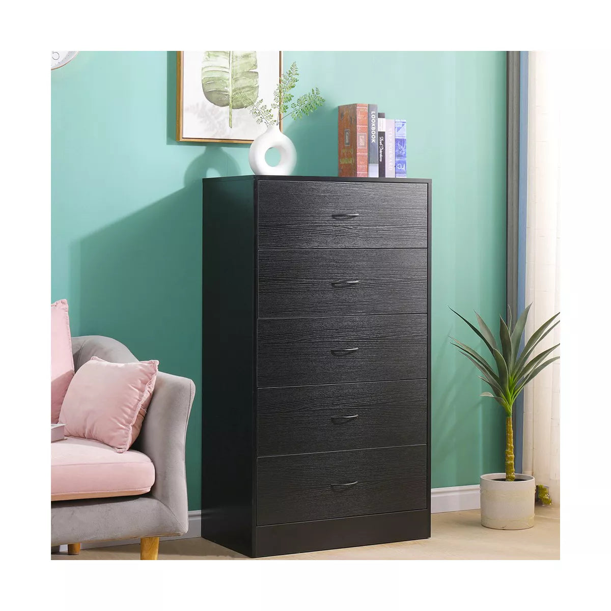 SUGIFT 5 Drawer Dresser, Modern Wood Chest of Drawers for Bedroom, Black