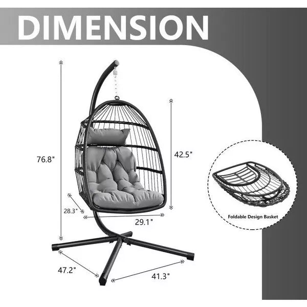 SUGIFT Patio Hanging Egg Chair with Stand and Folding Basket Indoor Outdoor Use, Black