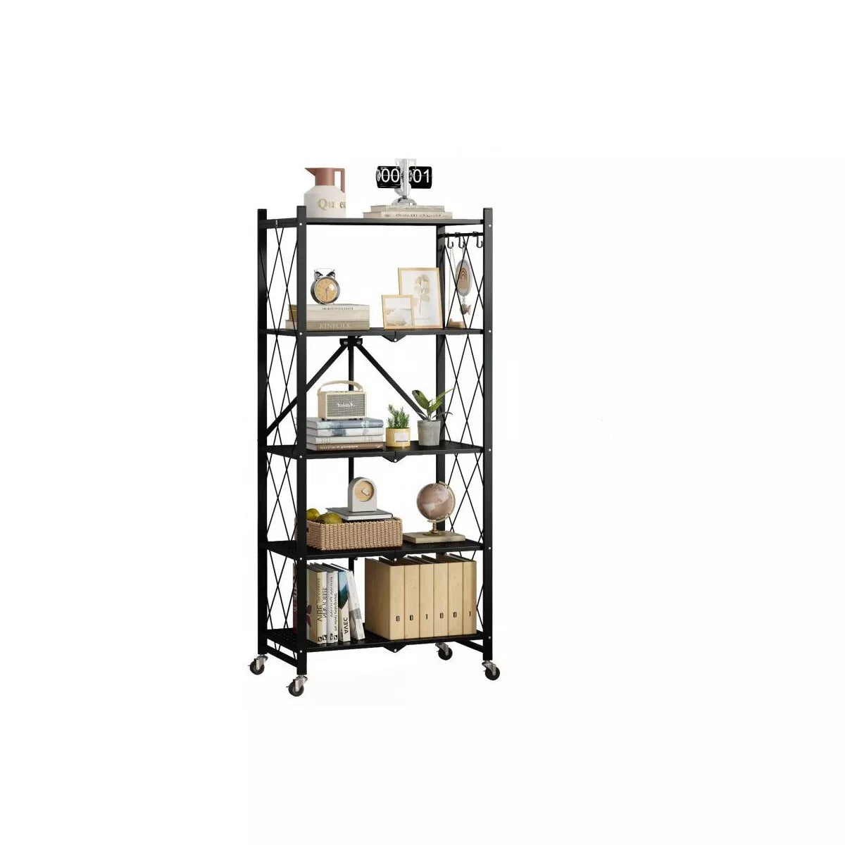 SUGIFT 5-Tier Storage Shelf Foldable Metal Shelving Units with Wheels, Black