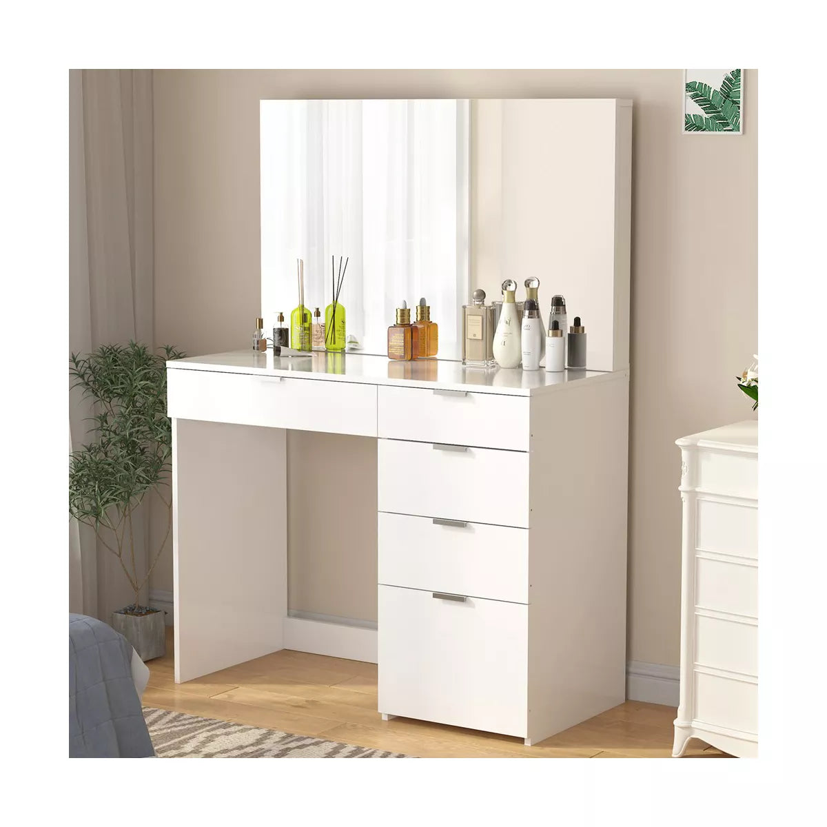 SUGIFT Modern Vanity Table Vanity Desk with 5 Drawers, White