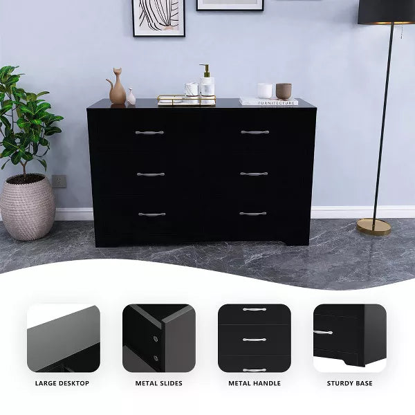 SUGIFT 6 Drawer Dresser, Modern Wood Chest of Drawers with Metal Handles for Bedroom Living Room Hallway Entryway, Black