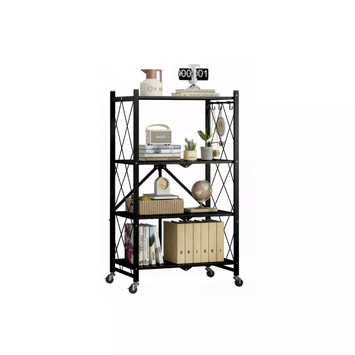 SUGIFT 4-Tier Storage Shelf Foldable Metal Shelving Units with Wheels, Black