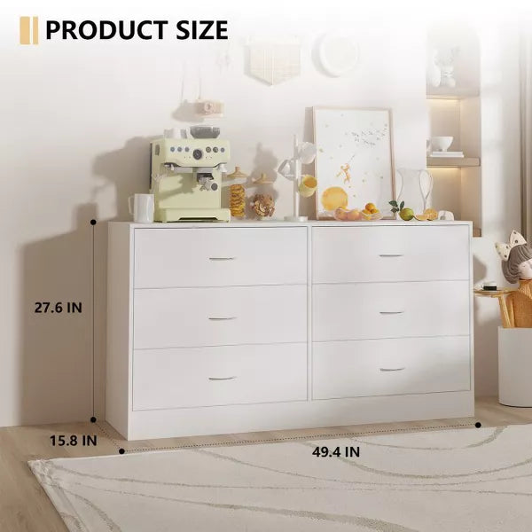 SUGIFT 6 Drawer Dresser, Modern Wood Chest of Drawers for Bedroom, White