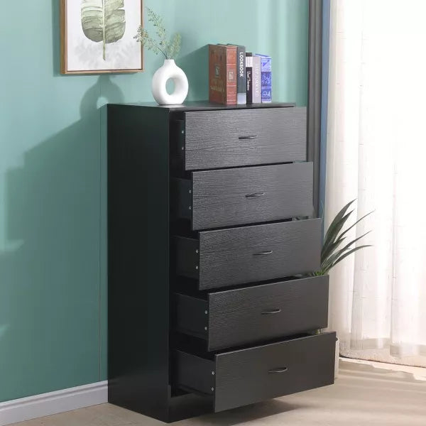 SUGIFT 5 Drawer Dresser, Modern Wood Chest of Drawers for Bedroom, Black