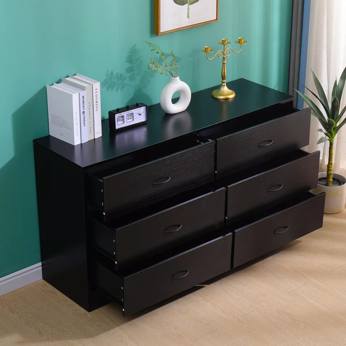 SUGIFT 6 Drawer Dresser, Modern Wood Chest of Drawers for Bedroom, Black