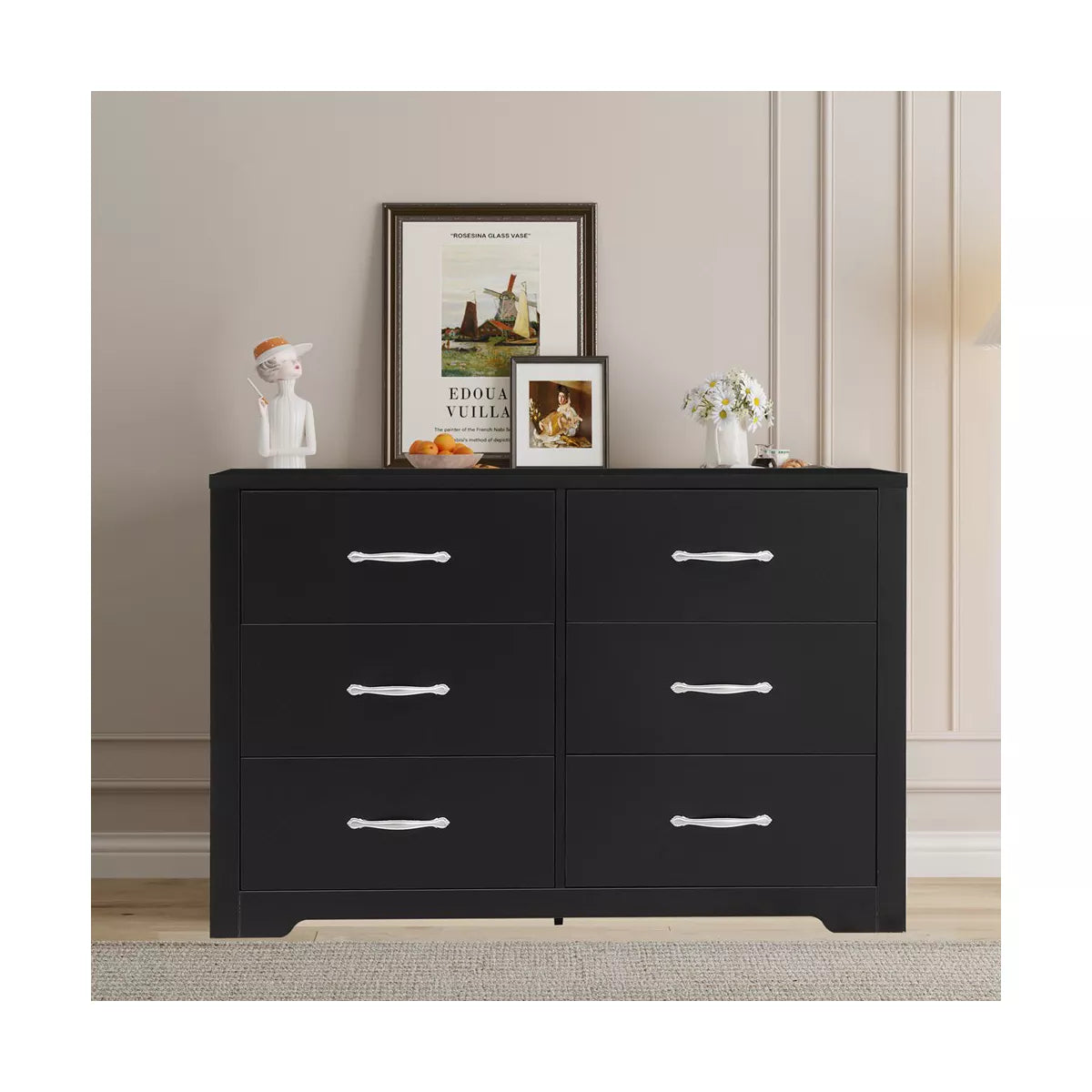 SUGIFT 6 Drawer Dresser, Modern Wood Chest of Drawers with Metal Handles for Bedroom Living Room Hallway Entryway, Black