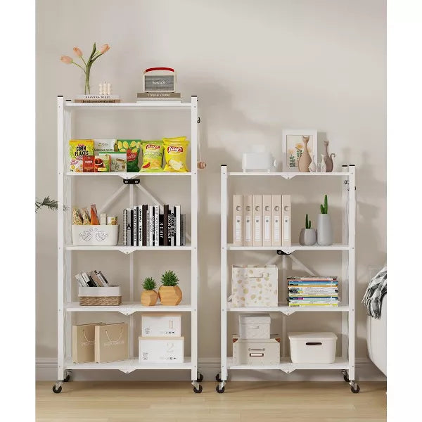 SUGIFT 4-Tier Foldable Storage Shelf, Heavy Duty Metal Shelf, Kitchen Shelf with 3 Hooks, White