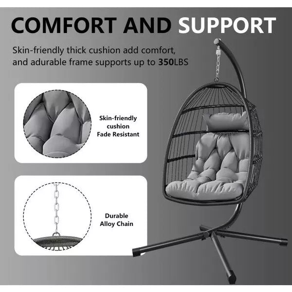 SUGIFT Patio Hanging Egg Chair with Stand and Folding Basket Indoor Outdoor Use, Black