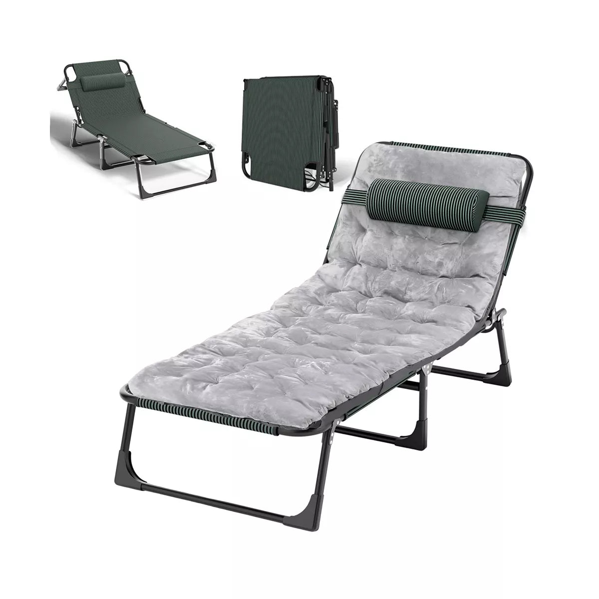 SUGIFT Folding Camping Cot Bed with Mat, Adjustable 4 Position Heavy Duty Outdoor Lounge Chair for Camping, Pool, Beach, Patio