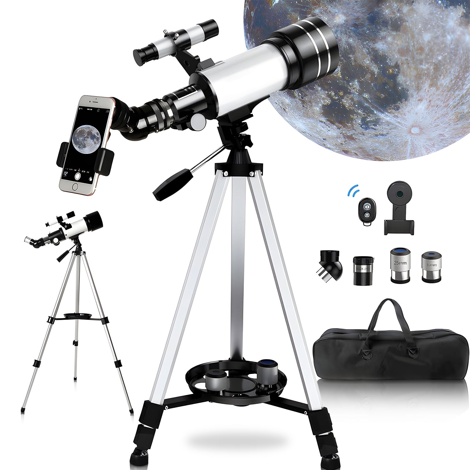 Givimo Telescope for Adults Astronomy, 40070 Refractor Telescope for Kids Beginners, Portable Telescope with Tripod, Phone Adapter and Carry Bag, White