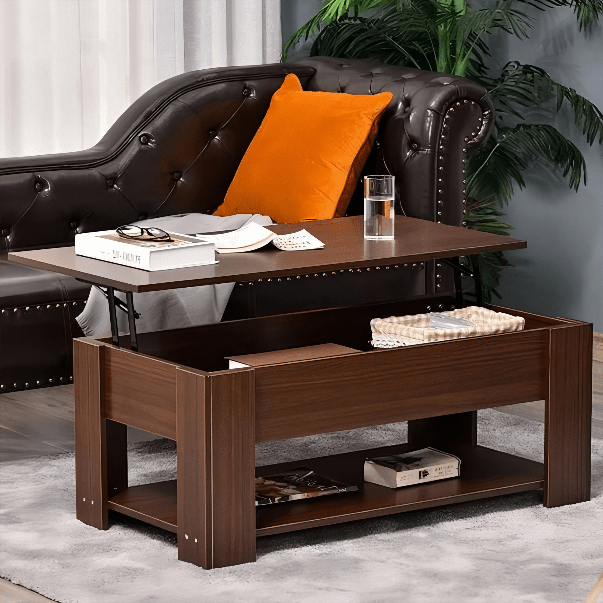 HONGGE Wooden Lift Top Coffee Table with Storage Shelves