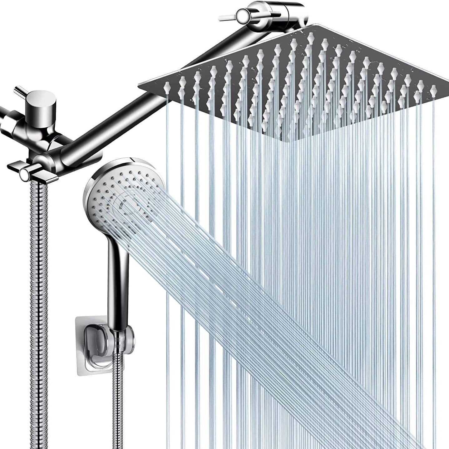 Harigal Dual Shower Head Combo 8 inch High Pressure Rain Shower Head withAdjustable Extension Arm 5 Settings Handheld Shower Head with Hose and Holde-Silver Chrome