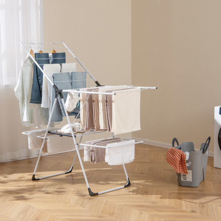 2-Level Foldable Clothes Drying Rack with Adjustable Gullwing