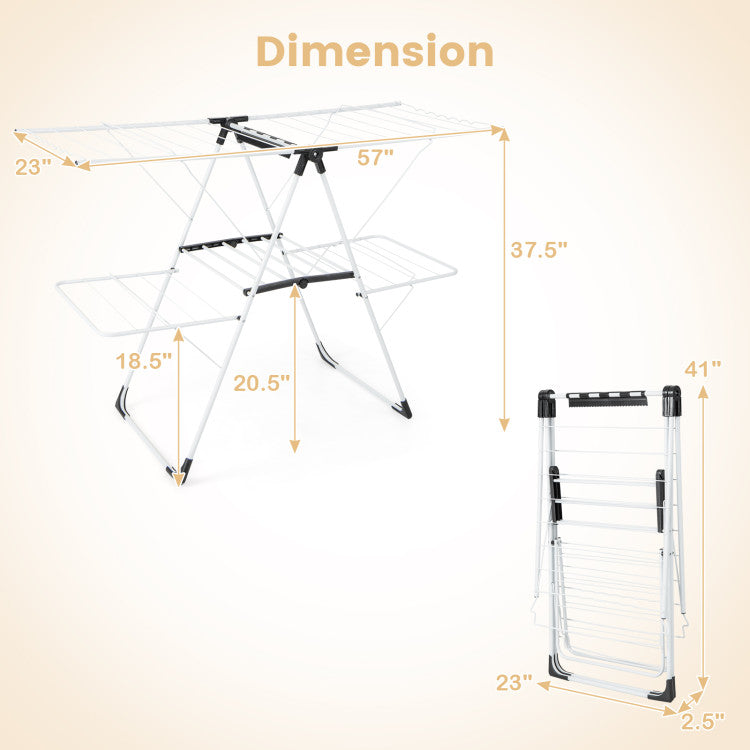 2-Level Foldable Clothes Drying Rack with Adjustable Gullwing