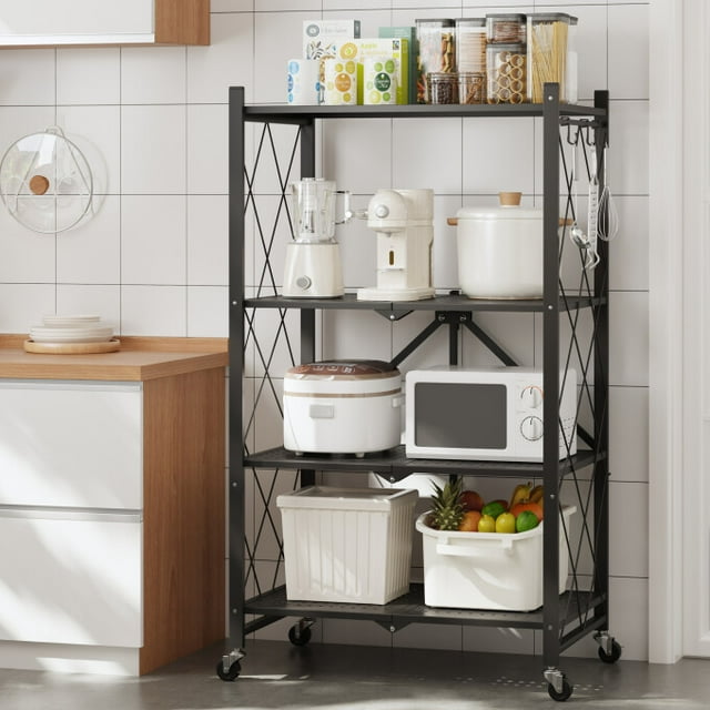 TBKLEY 4-Tier Foldable Storage Shelving with Wheels, Heavy Duty Metal Shelf, Kitchen Shelving Units, Black