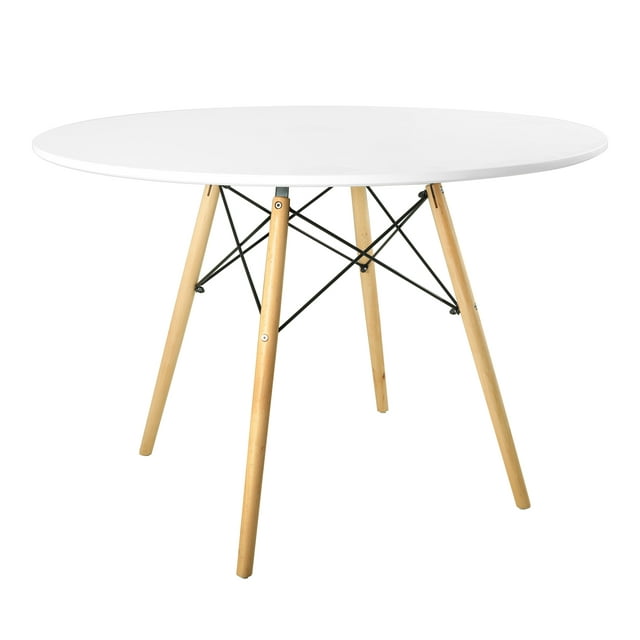 SUGIFT 42in Round Modern Wood Dining Table w/ Beech Wood Legs, Metal Frame - White