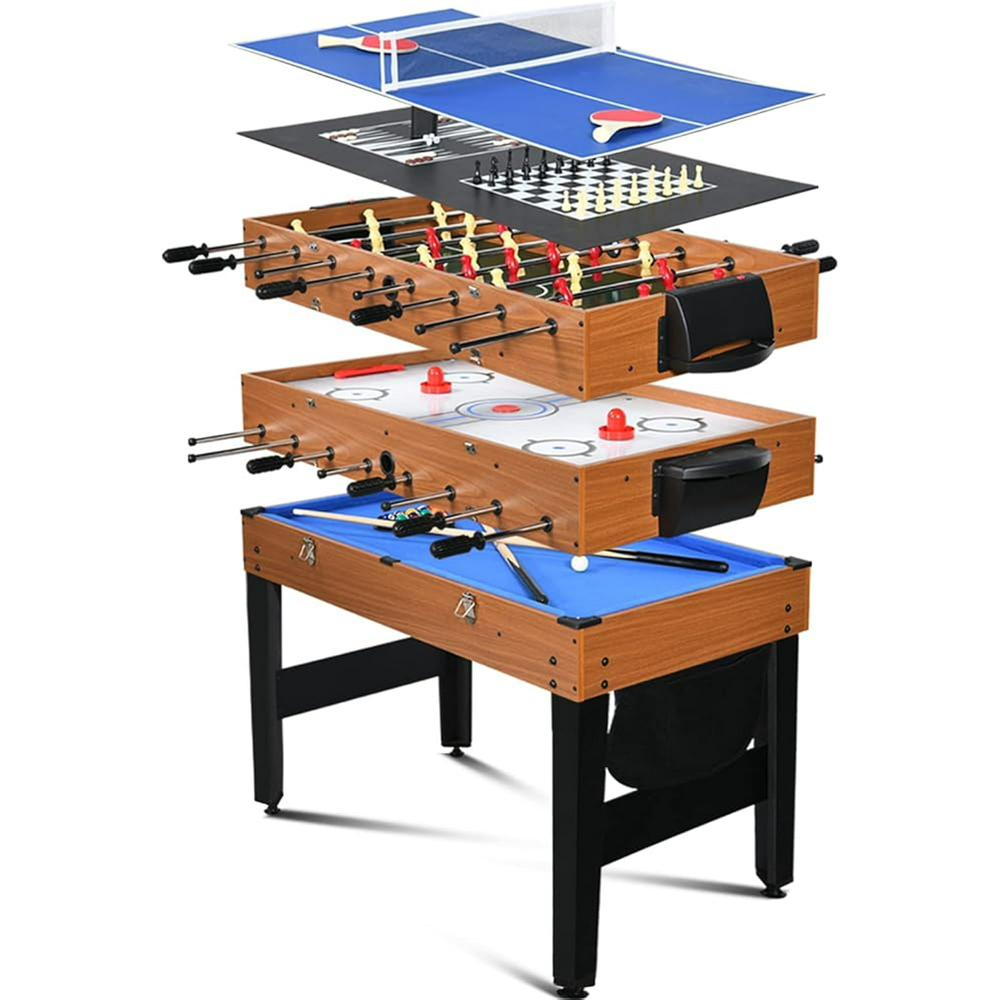 SUGIFT 4ft 7-in-1 Multi Game Table Set w/Hockey, Pool, Foosball, Ping Pong, Shuffleboard, Chess and Backgammon, Combo Game Table for Adults & Kids