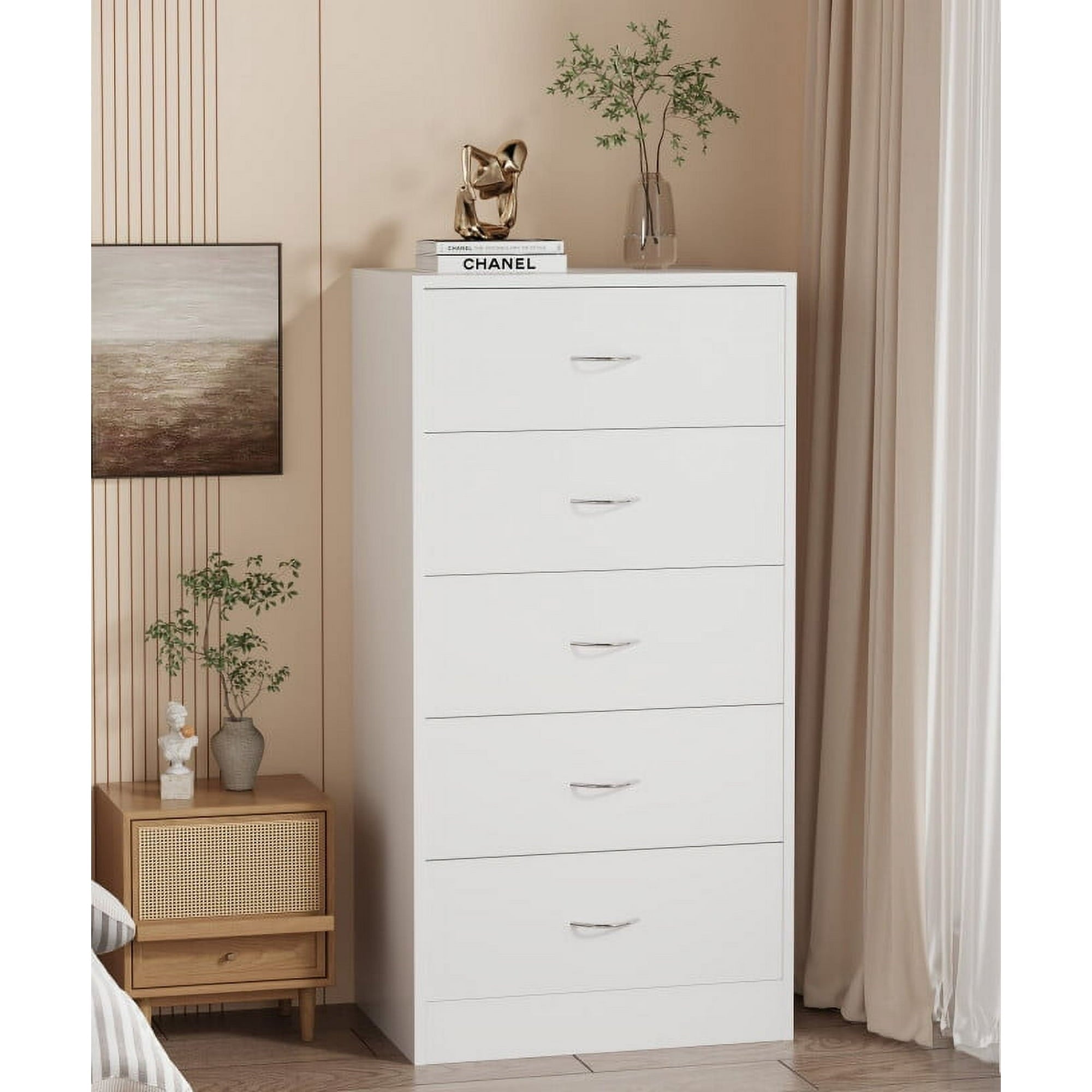 SUGIFT 5 Drawer Dresser, Modern Wood Chest of Drawers for Bedroom, White