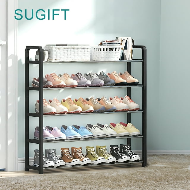 SUGIFT 5-Tier Shoe Rack Black Plastic Frame, silver Coating, up to 15 Pairs