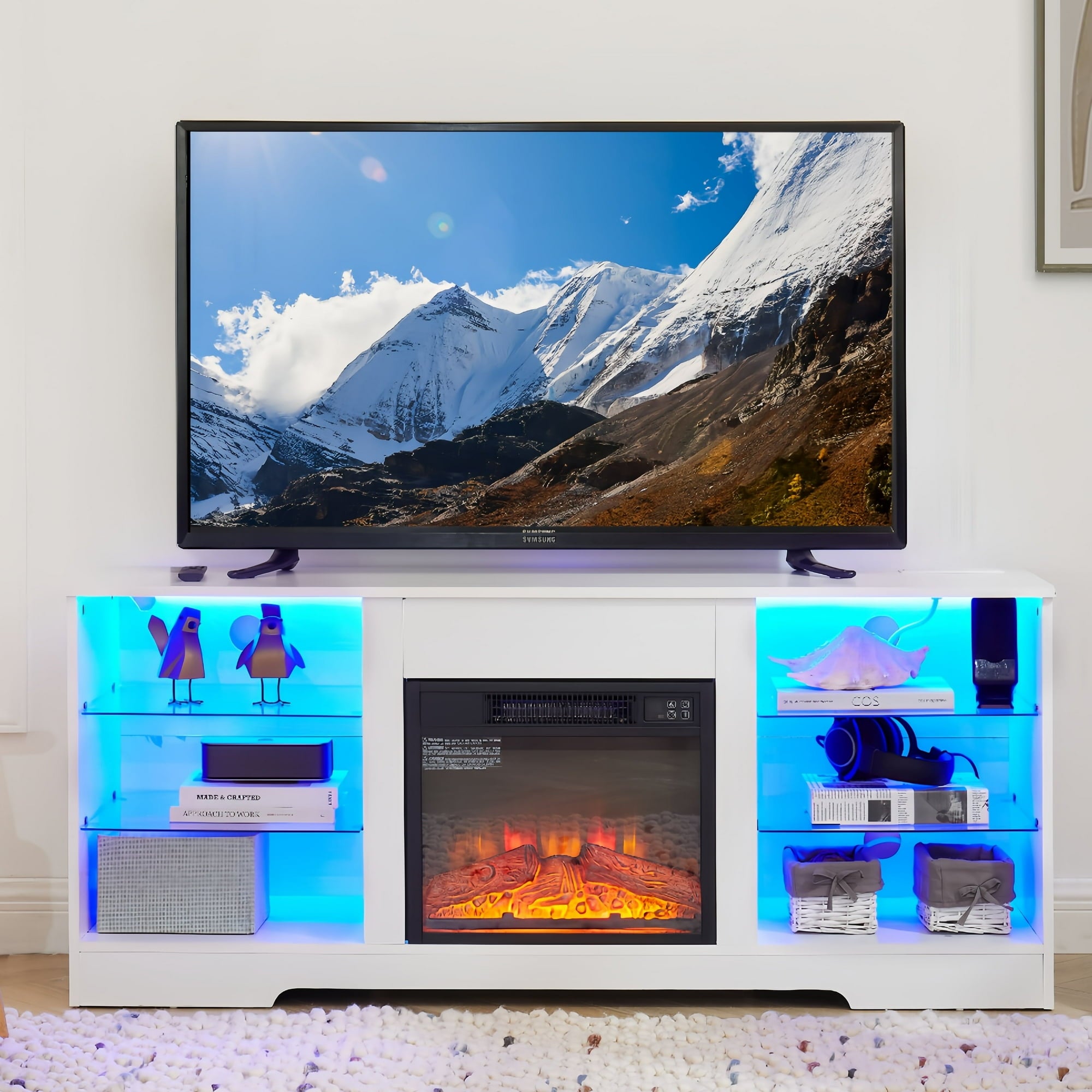 SUGIFT 58" Fireplace TV Stand for 65 Inch TV, Modern 3D Electric Fireplace TV Stand with LED Light&USB Charging outlet, Open Storage Shelves and Cabinets