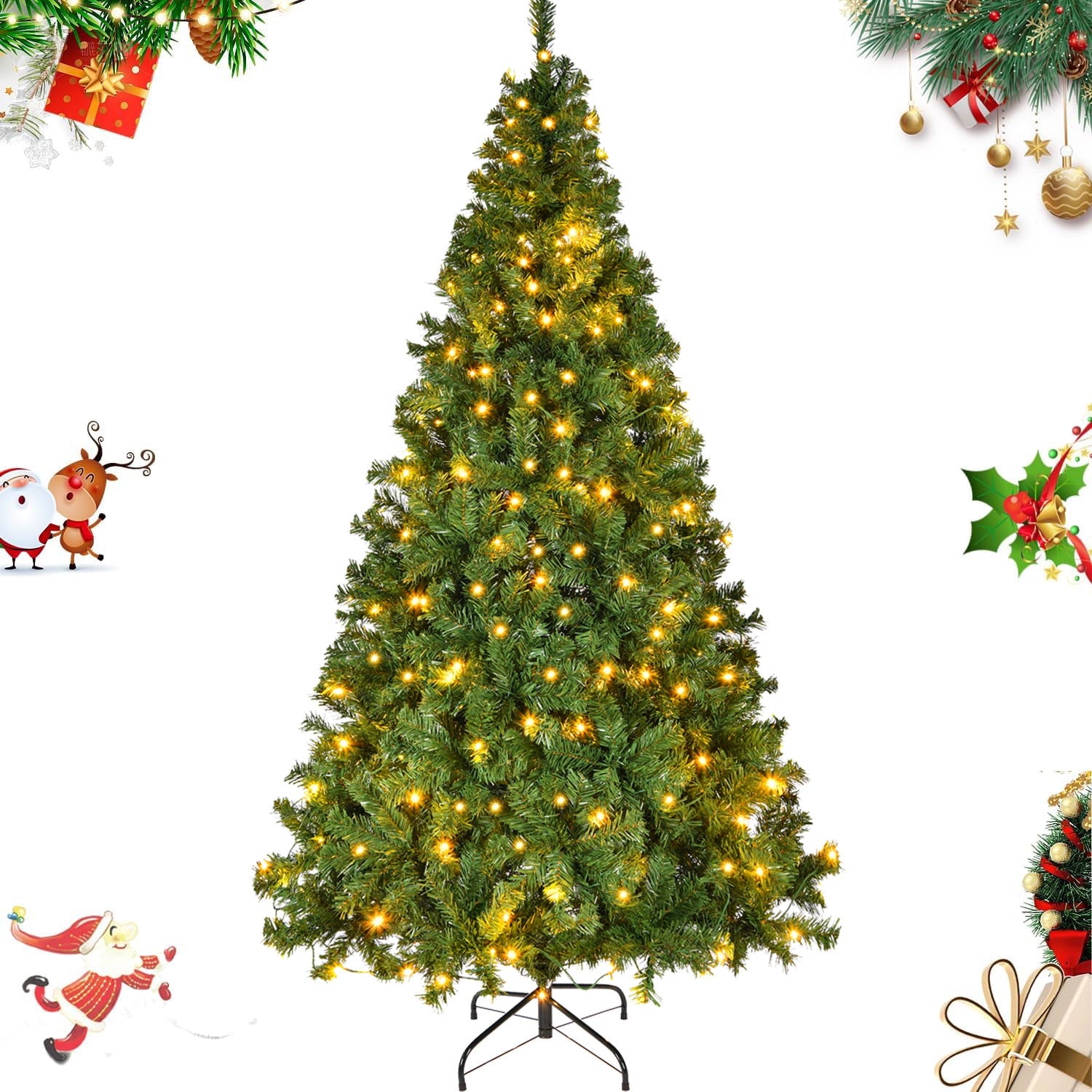 SUGIFT 6.5Ft Pre-Lit Premium Hinged Artificial Holiday Christmas Pine w/ 1000 250 Lights Indoor Outdoor Green