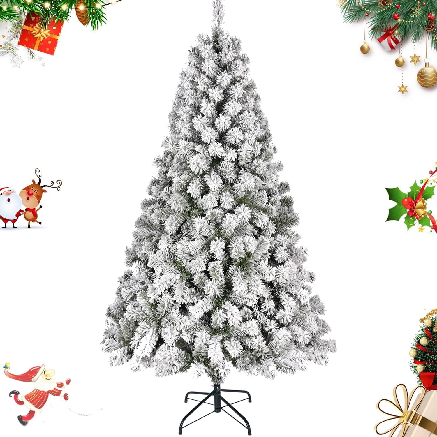 SUGIFT 6.5ft Premium Christmas Tree, Holiday Snow Flocked Pine Branches 1000 Branches White