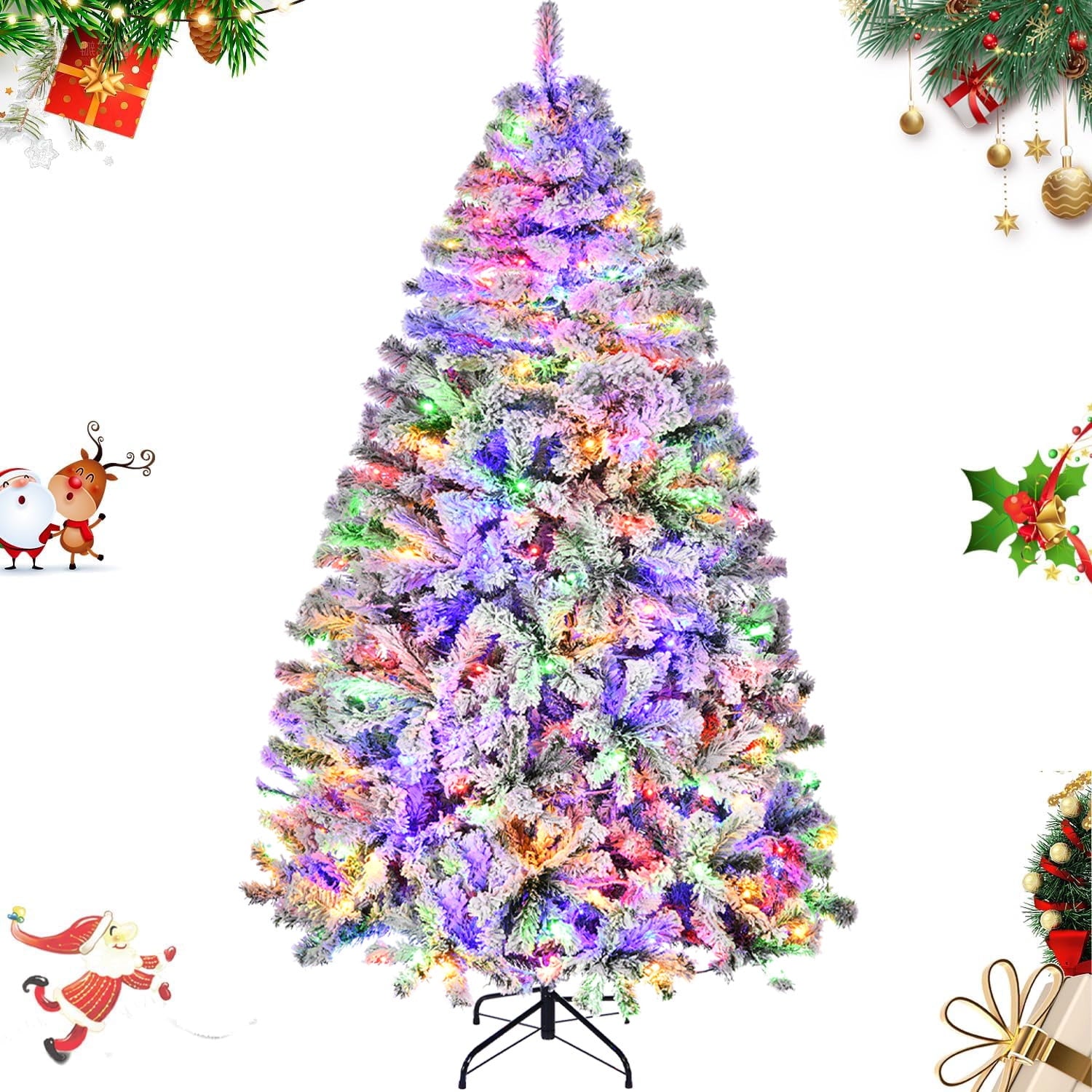 SUGIFT 6.5ft Premium Christmas Tree Snow Flocked Pine 1000 Branches with 250 Colorful Lights