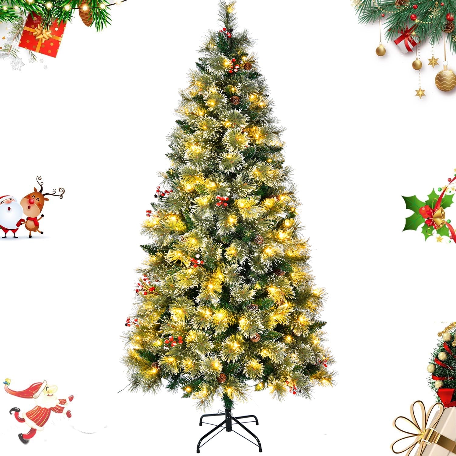 SUGIFT 6.5ft Premium Christmas Tree with Flocked Snow Pine Cone Red Trim and 200 Warm White Lights