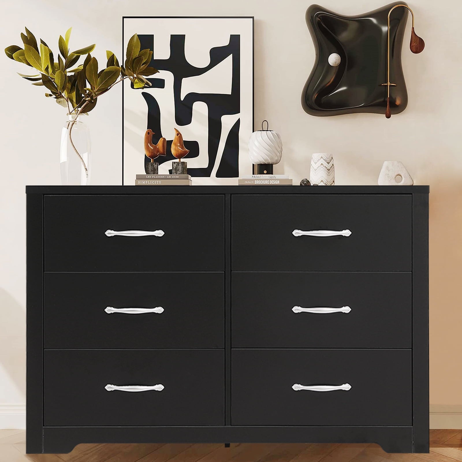 SUGIFT 6 Drawer Dressers Black Wood Dresser Chest of Drawers Double Dresser for Bedroom