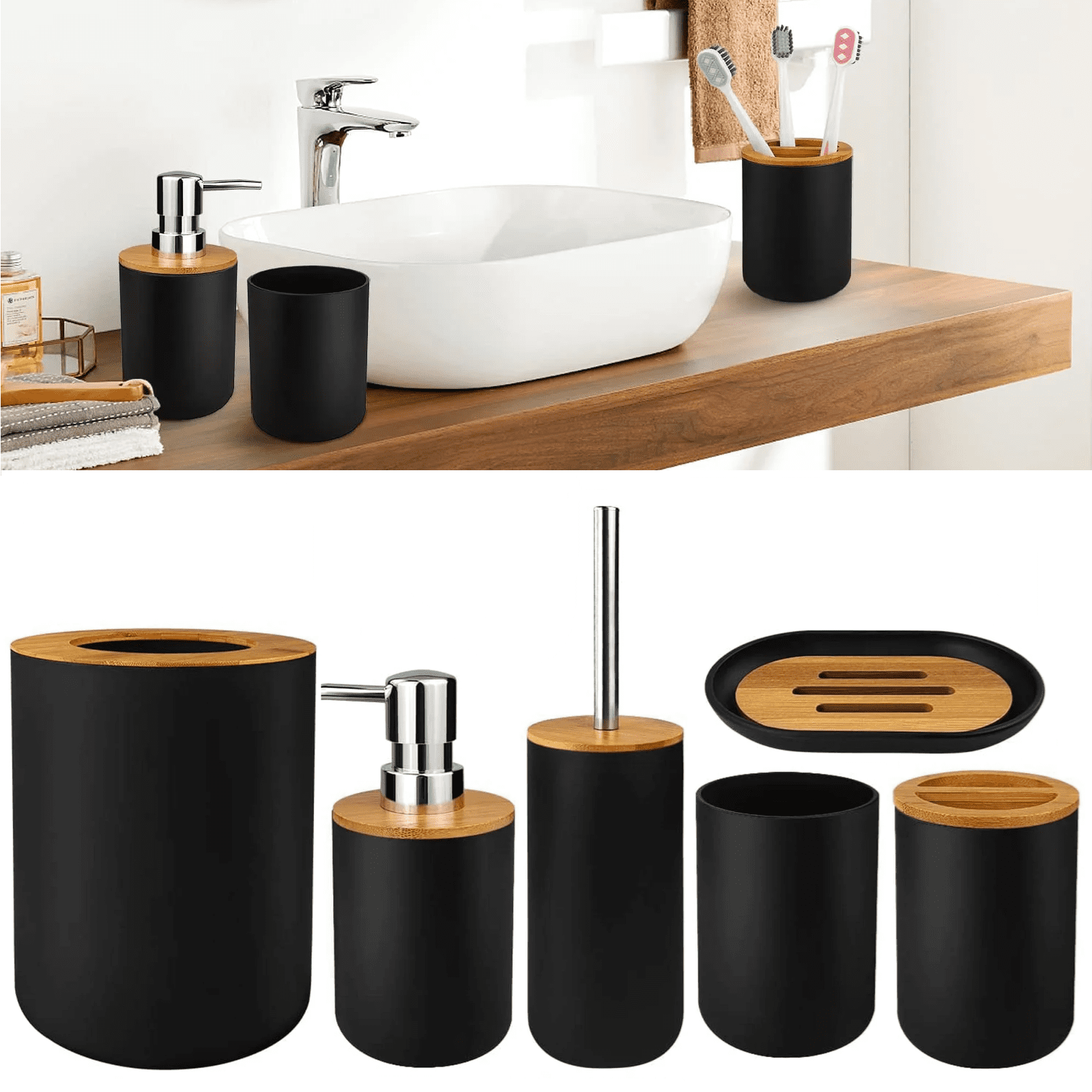 SUGIFT 6 Pcs Bathroom Accessories Sets Cup Bath Accessories Sets for Homes Hotels Black