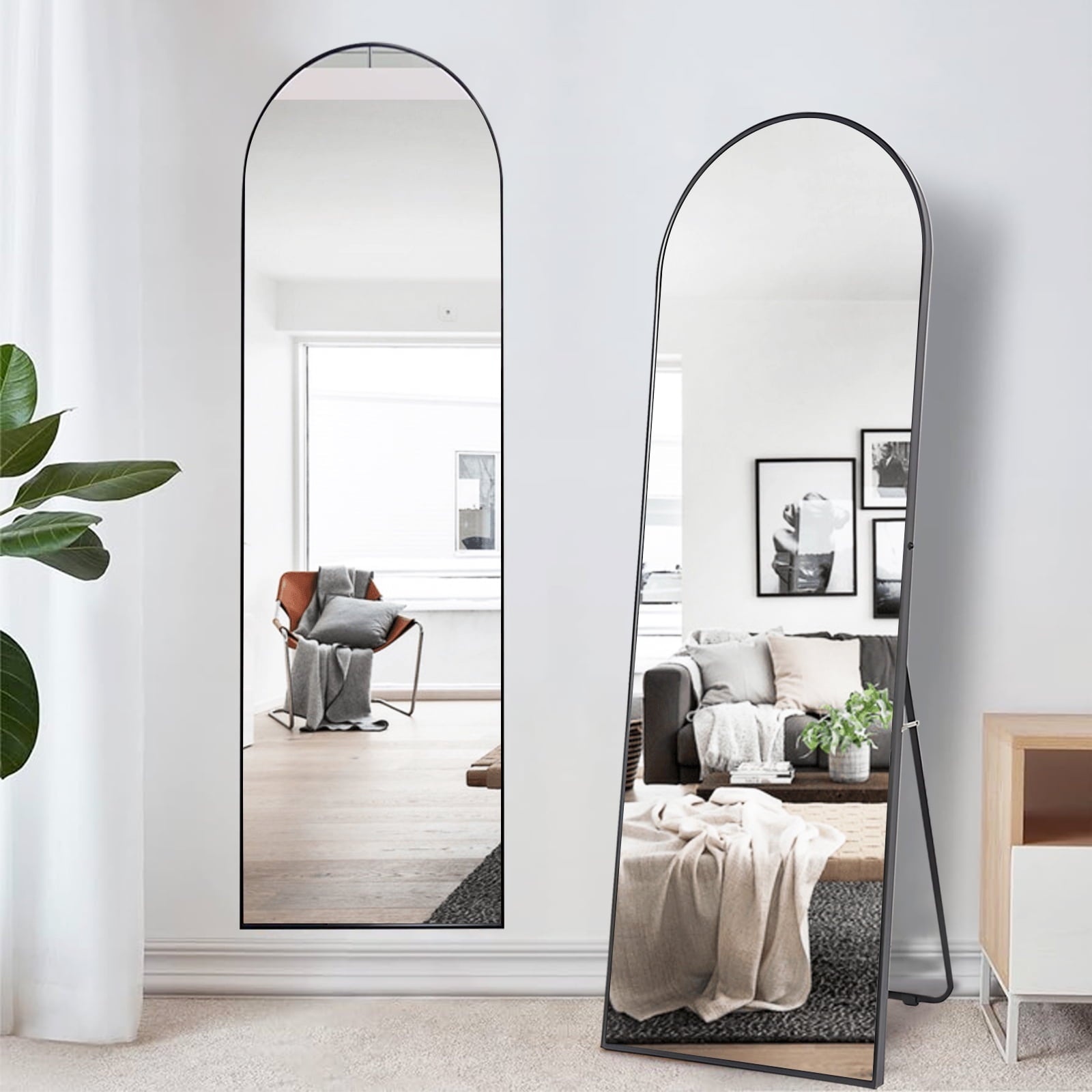 SUGIFT 65x22 Arched Full Length Mirror, Floor Mirror with Stand, Full Body Mirror, Arched Wall Mirror, Modern Contemporary Full Length Mirror with Wood Frame - Black