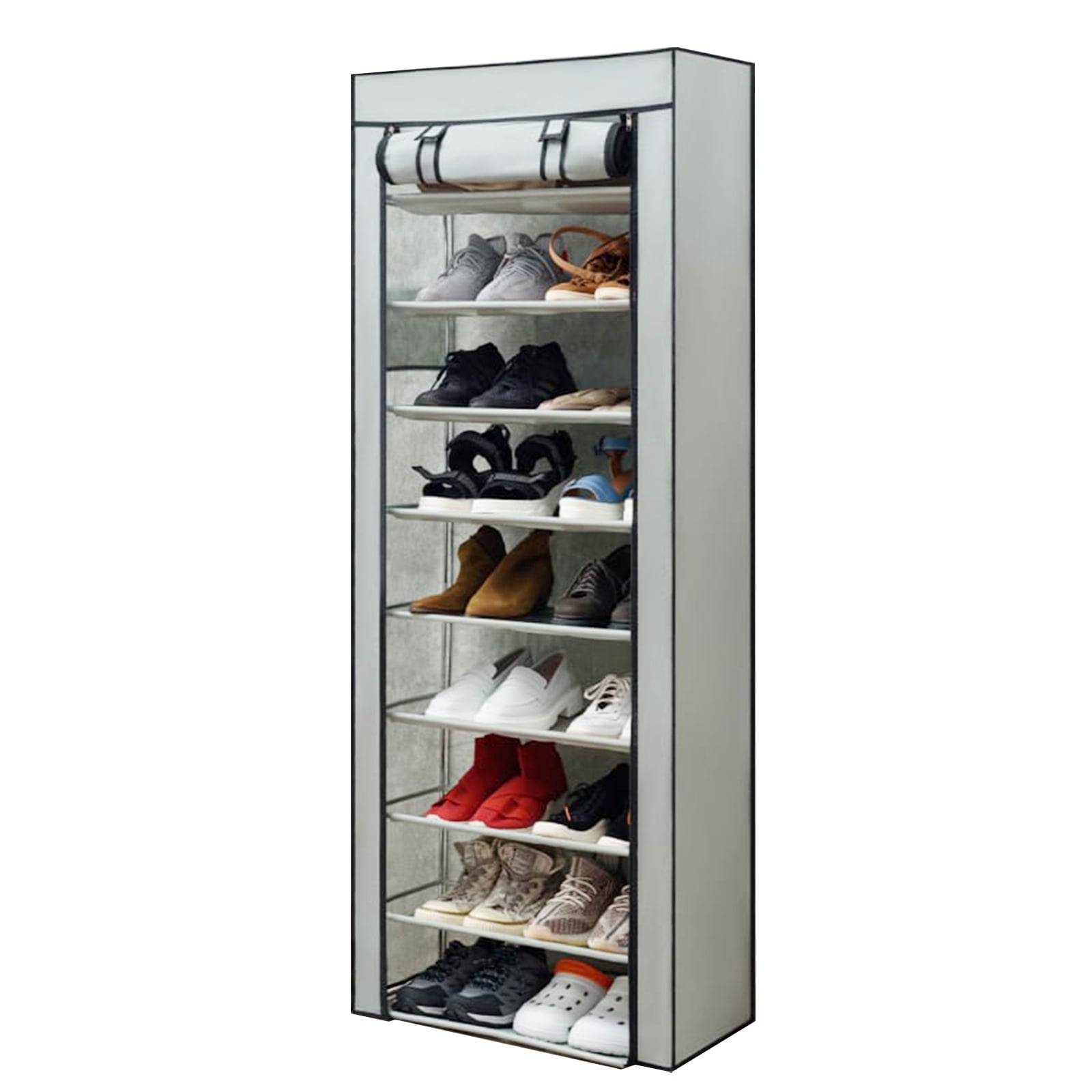 SUGIFT 9 Tier Shoe Rack Organizer Portable Shoe Shelf with Nonwoven Fabric Cover for for Closet Entryway Garage Bedroom Gray