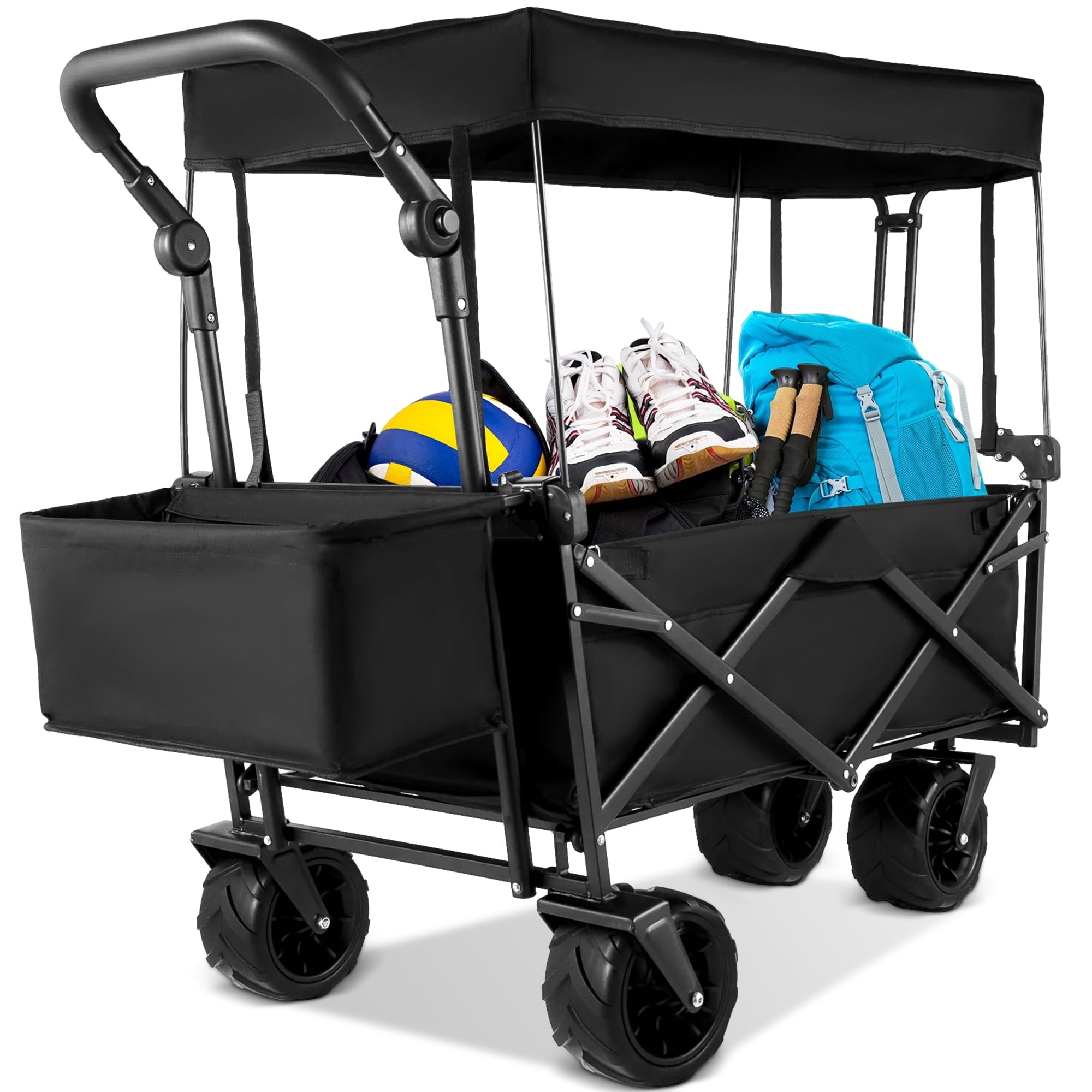 SUGIFT Collapsible Wagon Cart with Removable Canopy, Oxford Cloth Beach Cart with Wheels and Rear Storage, Garden Grocery Wagon for Camping, Black